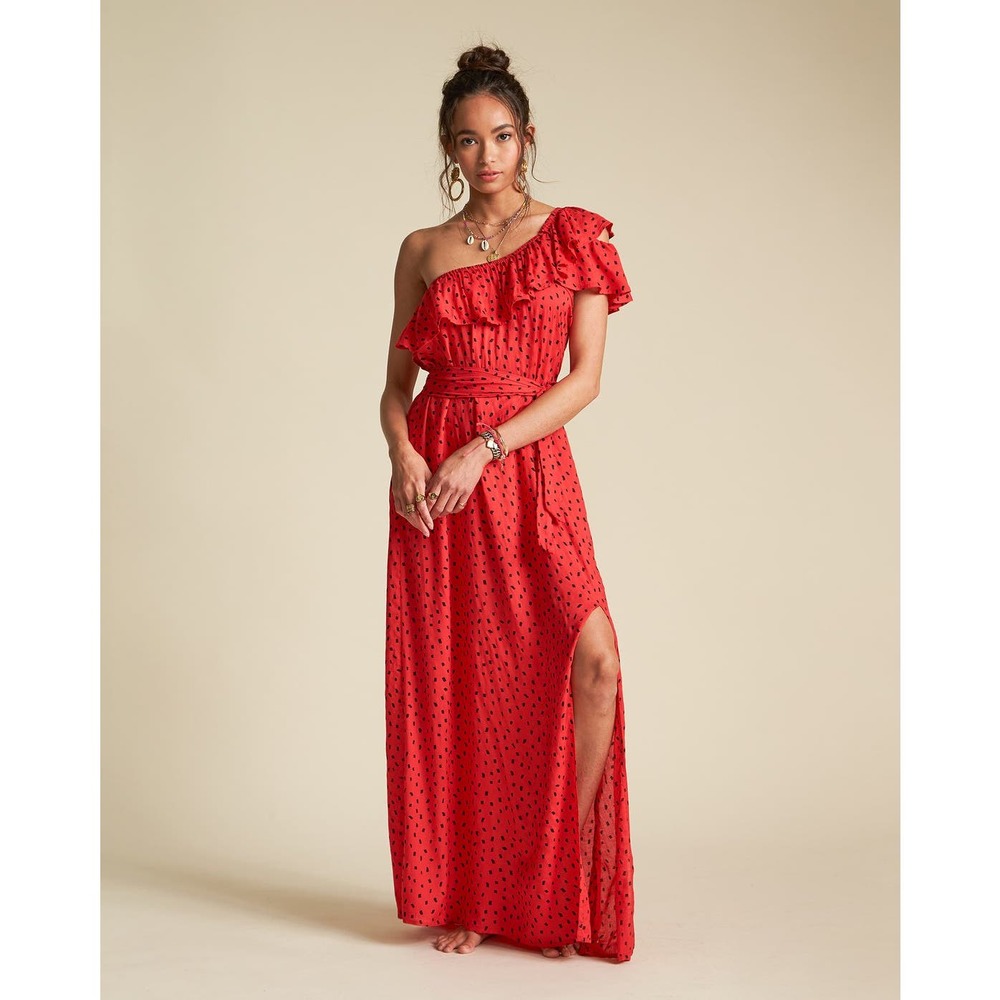 NWT BILLABONG Your Side Dress Red Polka Dot Maxi Dress L